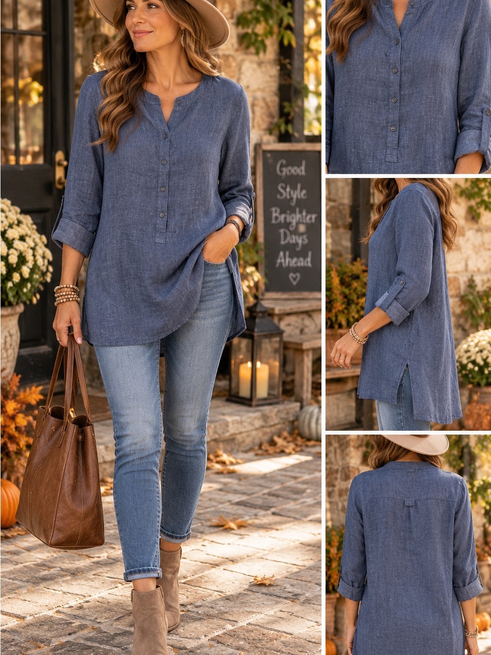 Eileen Fisher Women’s S Blue 100% Linen Button Front Tunic Top Long Sleeve